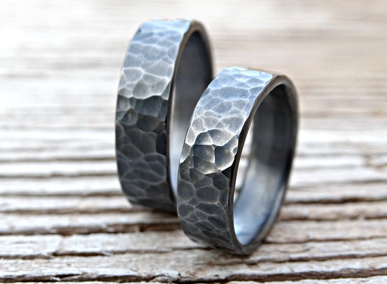 black silver wedding bands, matching rings for him and her, his and hers promise rings, hammered rings silver, matching wedding rings silver image 1