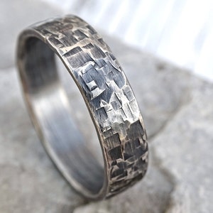 viking mens ring silver, industrial wedding band mens promise ring silver, forged silver band ring, cool mens ring unique structure image 1