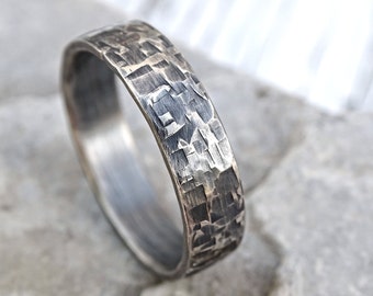 viking mens ring silver, industrial wedding band mens promise ring silver, forged silver band ring, cool mens ring unique structure