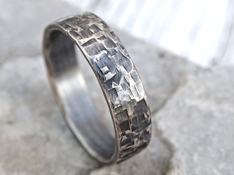 viking mens ring silver, industrial wedding band mens promise ring silver, forged silver band ring, cool mens ring unique structure image 1