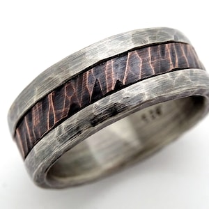 Anillo de compromiso para hombre con veta de madera, anillo de bodas único en bronce y plata, anillo de bodas bicolor para hombre, regalo de aniversario.