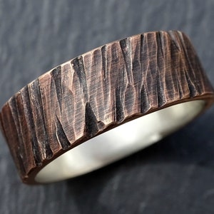 bronze wedding ring men, cool mens ring bronze silver, rugged bronze ring, carved ring band two tone, bronze anniversary gift for him