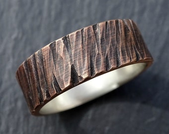 bronze wedding ring men, cool mens ring bronze silver, rugged bronze ring, carved ring band two tone, bronze anniversary gift for him