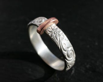 Filigree Sterling Silver Ring with Copper Center: Scottish Wedding Band