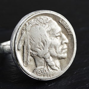 buffelnikkel munt zilveren ring, Amerikaanse zilveren muntsieraden, 1930 indian head zilveren ring, stapelband zilver, jubileumcadeau voor hem