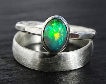 opal silver ring set, opal engagement ring, opal wedding band set, opal ring silver, his and hers promise ring set opal ring set silver