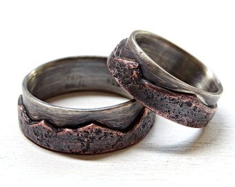 mountain wedding band set, mountain range rings, outdoor wedding rings, rustic promise ring set, unique anniversary rings custom mountain