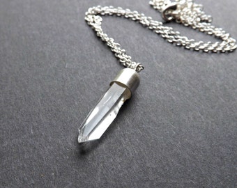 dainty quartz crystal necklace silver, unique gift for women, focus clear crystal pendant, men's crystal pendant, raw crystal necklace