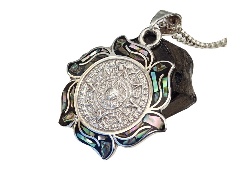 Aztec Shell Jewelry Sterling Silver Aztec Calendar Pendant: Vintage Paua Shell Inlay - Etsy