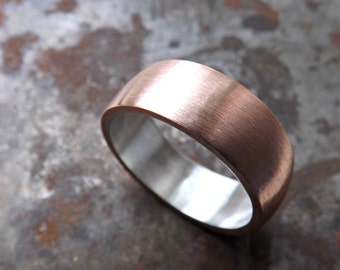 domed copper wedding ring mens, bold copper ring silver, mens wedding band copper silver, mens ring copper, anniversary gift for men