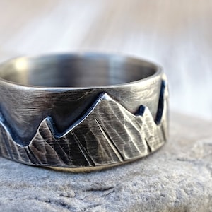 silver mountain range ring, outdoor wedding ring silver promise ring, landscape ring, silver wedding band, individual mountain ring for men