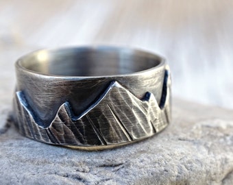 silver mountain range ring, outdoor wedding ring silver promise ring, landscape ring, silver wedding band, individual mountain ring for men