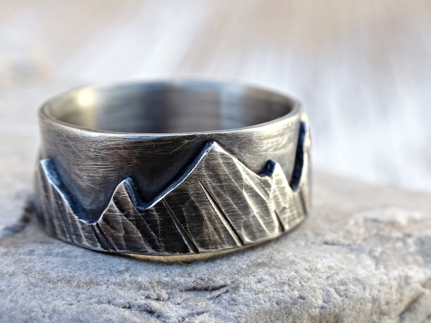 silver mountain range ring, outdoor wedding ring silver promise ring, landscape ring, silver wedding band, individual mountain ring for men