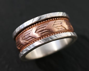 chevron silver copper ring, big mens wedding band, viking wedding ring, mens engagement ring, copper inlay band, anniversary gift for him