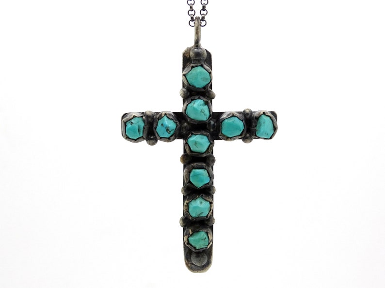 Turquoise Cross Mens Necklace Black Silver Large Gemstone Etsy