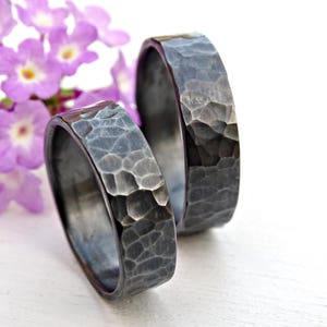 black silver wedding bands, matching rings for him and her, his and hers promise rings, hammered rings silver, matching wedding rings silver image 5