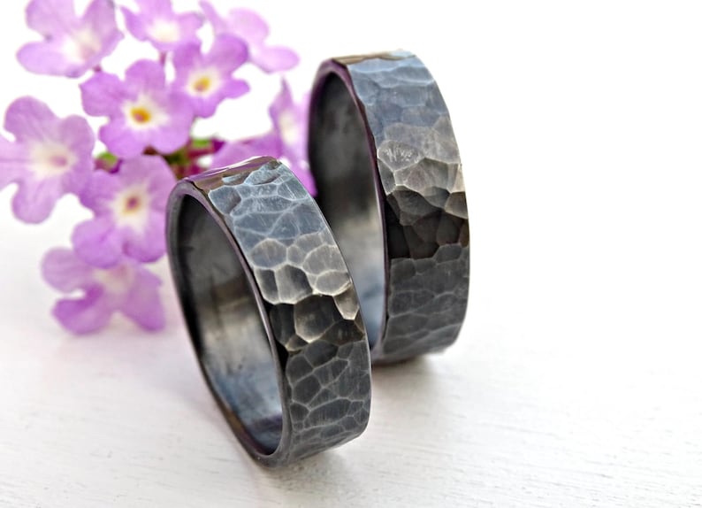 black silver wedding bands, matching rings for him and her, his and hers promise rings, hammered rings silver, matching wedding rings silver image 5