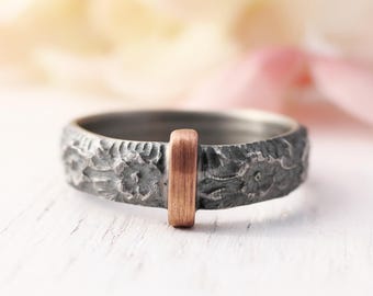 Oxidized Sterling Silver Wedding Band: Bronze or Copper Inlay, Celtic Ring