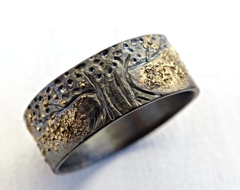 unique viking ring, celtic wedding band, tree of life ring black silver 14k gold, mens wedding ring molten gold and silver, Yggdrasil ring