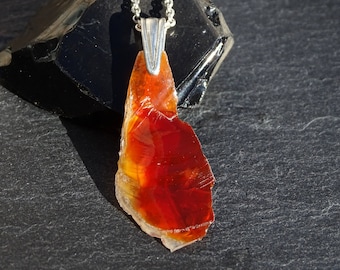 raw fire opal pendant silver, uncut opal necklace silver, orange crystal pendant mexican fire opal, rough crystal necklace gift for women