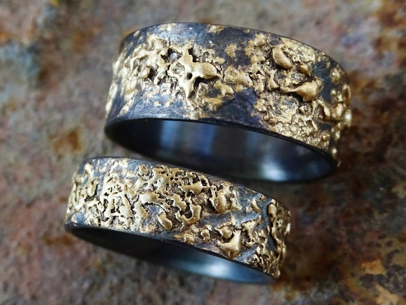 unique wedding bands gold silver, molten wedding ring set, matching rings his and hers, promise rings mixed metal, viking wedding rings image 2