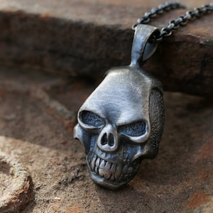 black silver skull pendant, skull necklace silver, men&#39;s talisman pendant, anniversary gift for him, silver biker necklace, memento mori