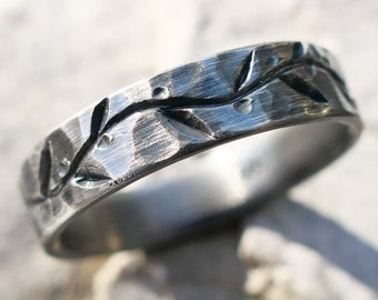 hand engraved silver vine ring, silver eternity ring, nature engagement ring silver leaf ring, silver wedding band for women, unique gift