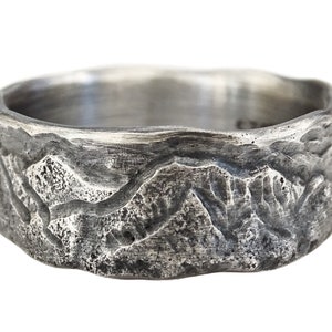rustic mountain ring silver, landscape ring, carved wedding ring, silver wedding band personalized ring mountain range band unique mens gift