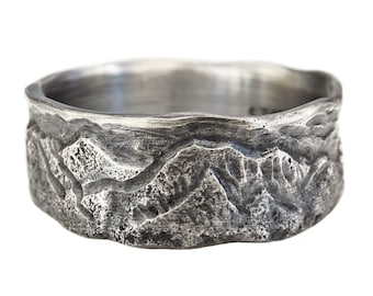 rustic mountain ring silver, landscape ring, carved wedding ring, silver wedding band personalized ring mountain range band unique mens gift