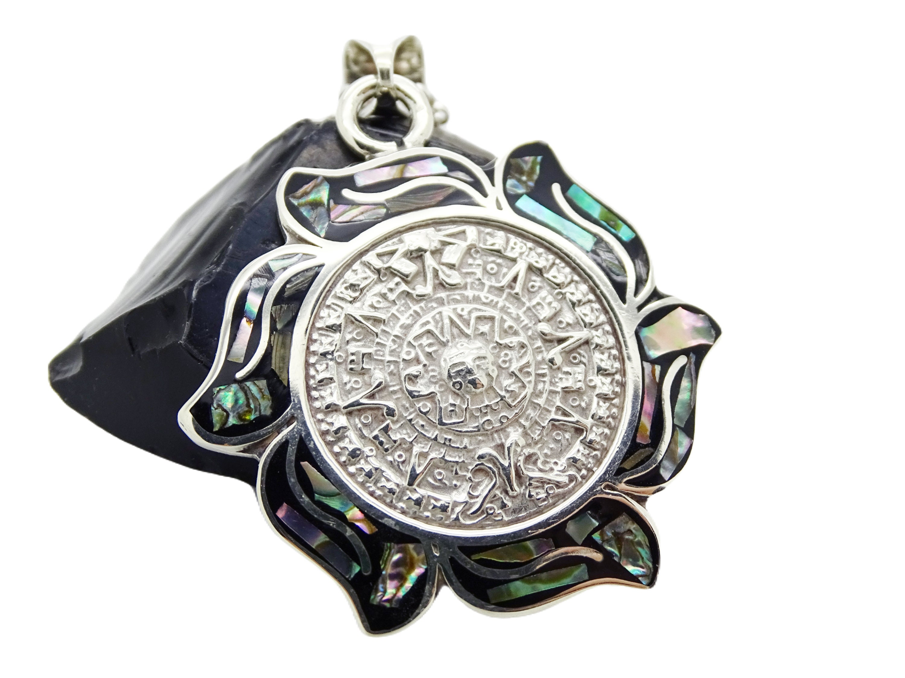 Aztec Shell Jewelry Sterling Silver Aztec Calendar Pendant: Vintage Paua Shell Inlay - Etsy