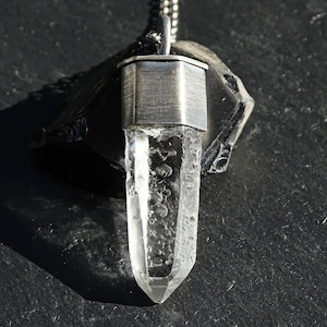 unique quartz pendant black silver, mens crystal necklace, Viking necklace for men, big crystal pendant, raw crystal necklace, gift for him