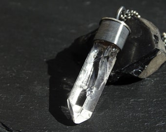 viking quartz crystal pendant black silver, etched quartz crystal necklace, big crystal necklace, mens crystal pendant, jewelry gift for him