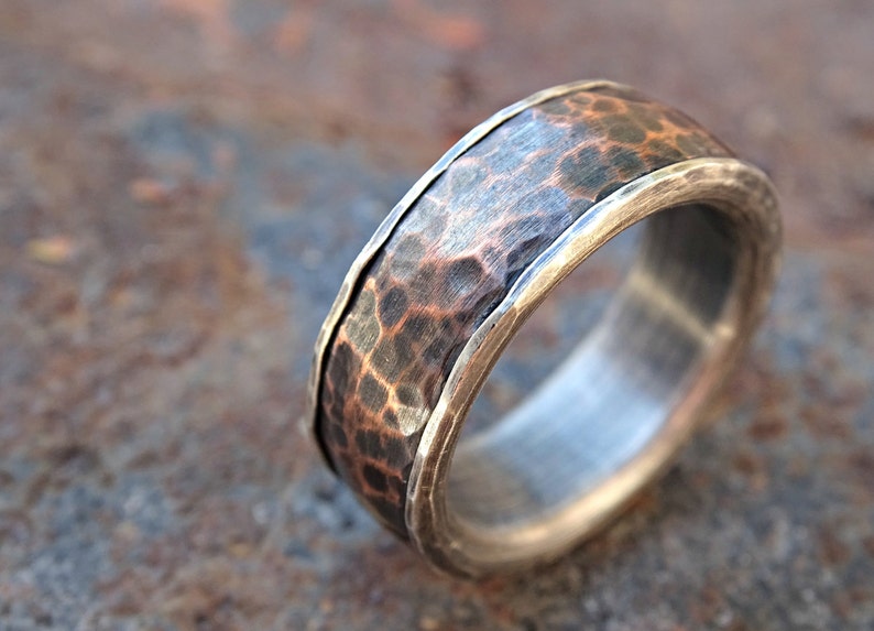 silver copper ring mens wedding band hammered