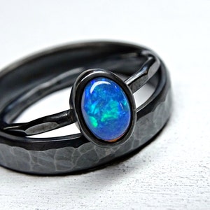 welo opal ring set black silver, opal engagement ring set, opal wedding ring set, bridal set opal ring, promise ring opal anniversary gift