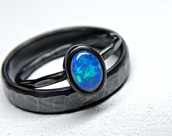 welo opal ring set black silver, opal engagement ring set, opal wedding ring set, bridal set opal ring, promise ring opal anniversary gift