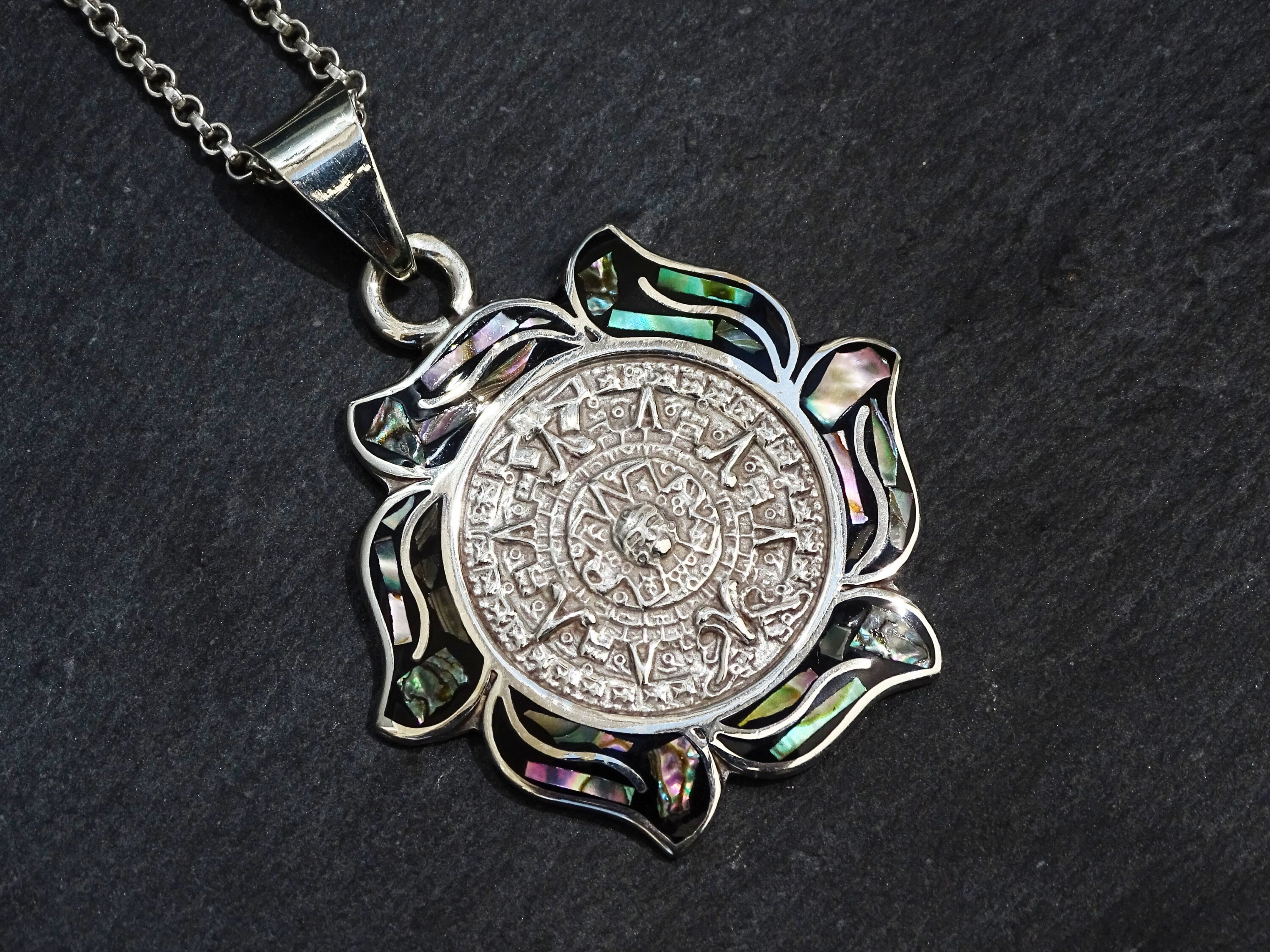 Aztec Shell Jewelry Sterling Silver Aztec Calendar Pendant: Vintage Paua Shell Inlay - Etsy