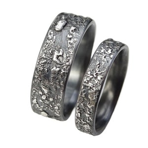 Molten Black Sterling Silver Ring Set: Rustic Wedding Bands