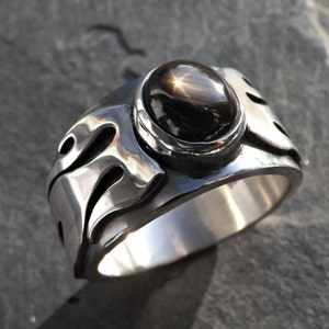 Black Star Sapphire Sterling Silver Ring: Handmade Flame Statement Band