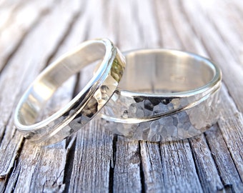 wave silver rings hammered, unique wedding band set, engraved wedding rings silver, his and hers matching wedding bands recycled silver