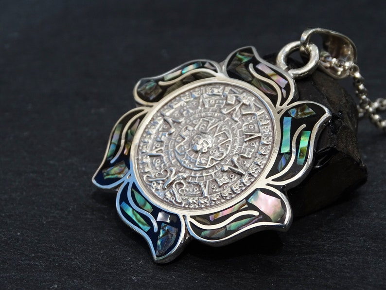 Aztec Shell Jewelry Sterling Silver Aztec Calendar Pendant: Vintage Paua Shell Inlay - Etsy
