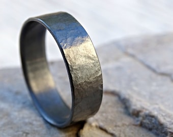 black silver wedding ring, unique mens wedding band silver, ring silky surface, mens promise ring handforged, silver mens ring used look