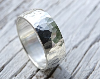 mens wedding ring silver, organic textured silver ring, mens personalized ring, mens engagement ring silver, wide mens ring domed
