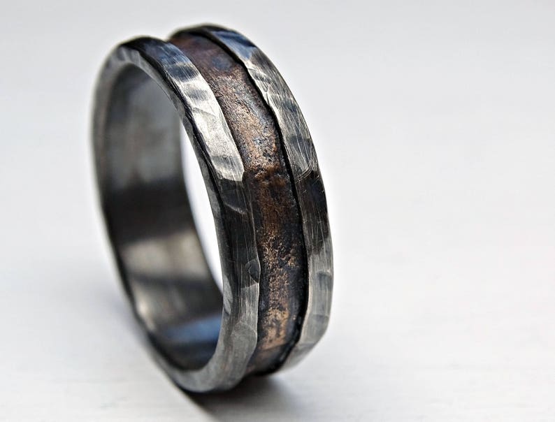 cool mens ring bronze, unique wedding band bronze silver, mens wedding band, mens engagement ring wood grain ring mens ring anniversary gift image 4