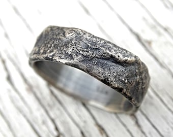 molten silver ring rich structure, mens wedding ring unique, celtic ring viking, meteorite wedding band men, cool engagement ring