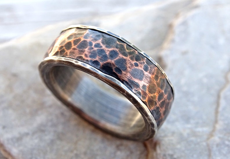 silver copper ring mens wedding band hammered