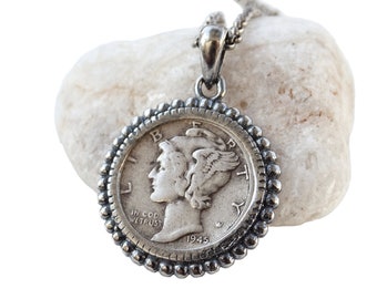 silver coin pendant with 1945 Silver Mercury Dime coin, US silver coin necklace, silver coin jewelry, layering necklace, anniversary gift