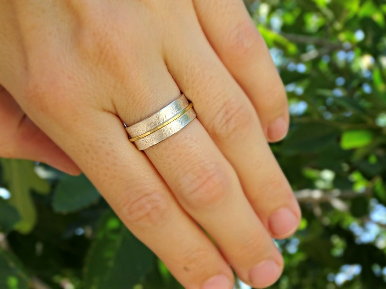 Unique Wedding Band Gold Silver Silver Wedding Ring Rustic Etsy