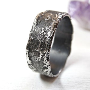 meteorite ring silver, molten silver ring, silver wedding band, unique engagement ring, space ring moon surface, rustic wedding ring silver