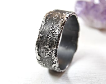 meteorite ring silver, molten silver ring, silver wedding band, unique engagement ring, space ring moon surface, rustic wedding ring silver