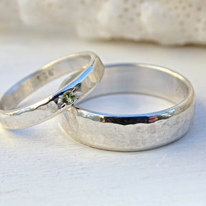 silver wedding band set, rustic silver ring set gemstone, matching promise rings his and hers, rustic wedding rings, hammered wedding rings image 9